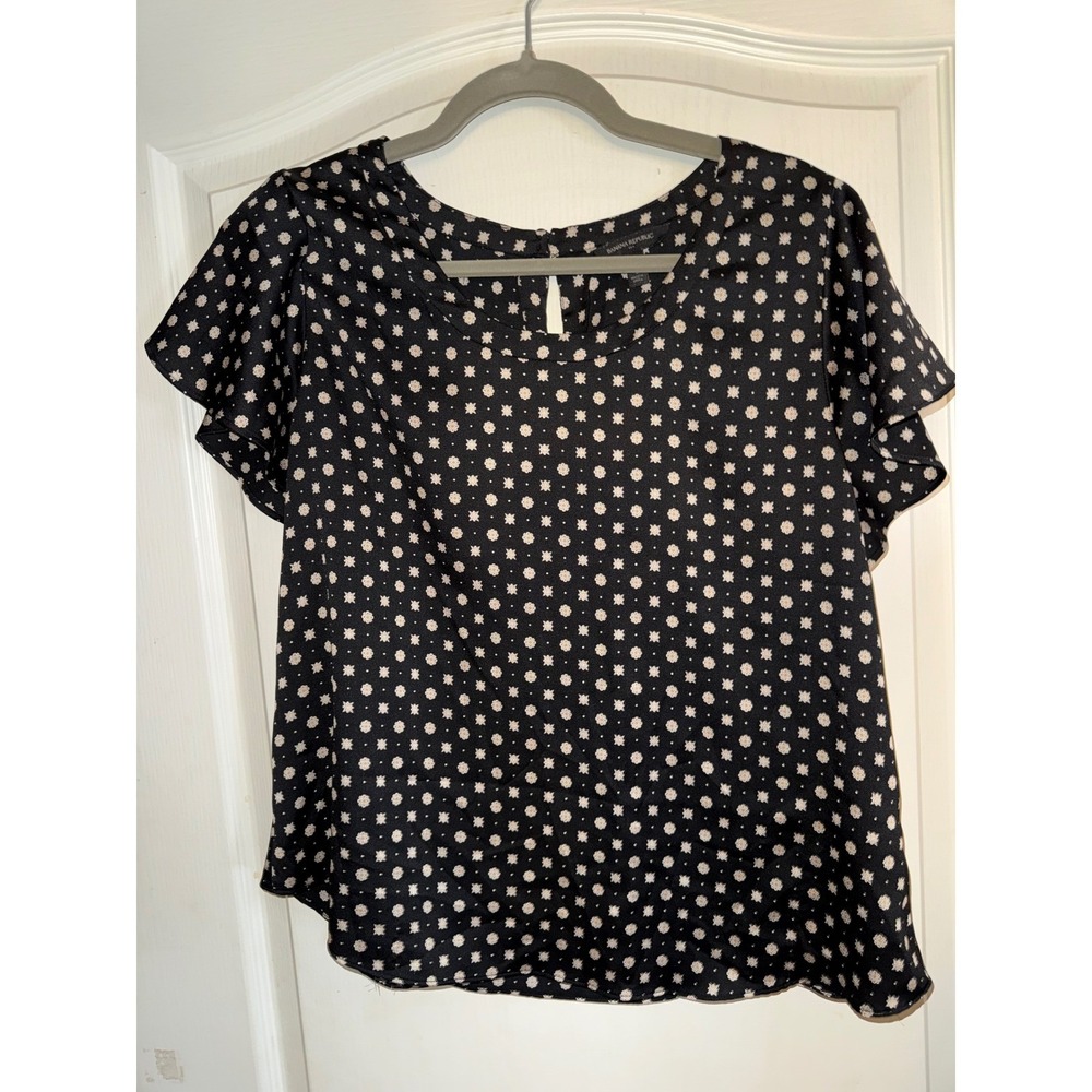 Banana Republic Petite L Black Floral Polka Dot Flutter Sleeve Keyhole Blouse